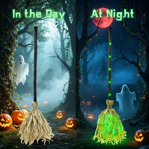 Glowing Magic Broom with Sound Effects and Automatic Jumping Function, Halloween Witch Prop for Haunted Houses and Party Decoration Green Green