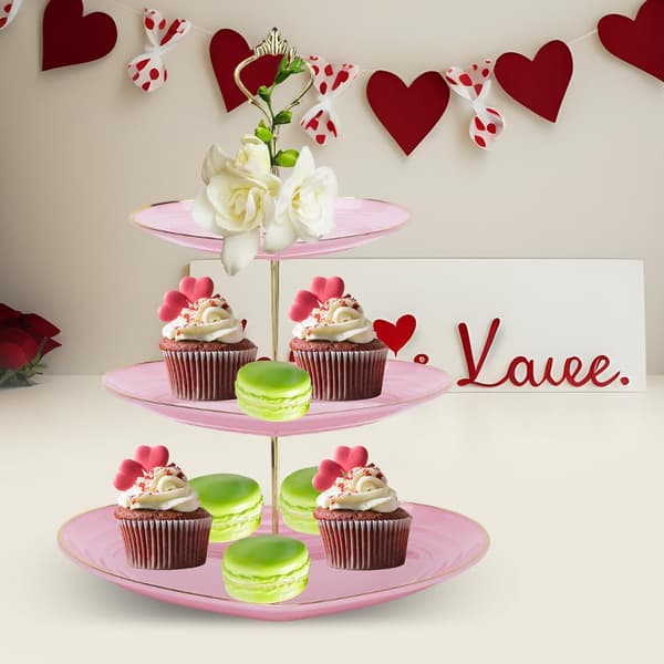 3-vånings Cupcake-ställ, Våningsfat, Bröllopsdessert Cupcake-ställ, Serveringsfat för godsaker, Våningsserveringsbricka, Tårthållare Rosa