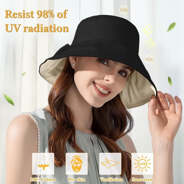 Sort, dame sommer foldbar solhat anti-UV bomulds sommerferie havehat til kvinder UPF UV