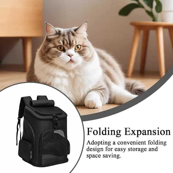 Expandable Pet Backpack, Breathable Mesh Cat Backpack, Foldable Dog Backpack for Small Dogs, Rabbits, Puppies Black