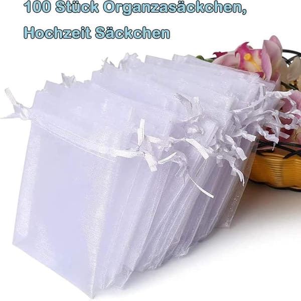 100 hvite organzaposer, 7 x 9 cm, gaveposer