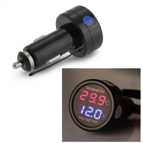 2 i 1 Voltmeter + Termometer Bil Auto Lastbil Bus Motorcykel Batterispænding Digital Temperaturmonitor Indikator Måler Test med Dobbelt LED-display,