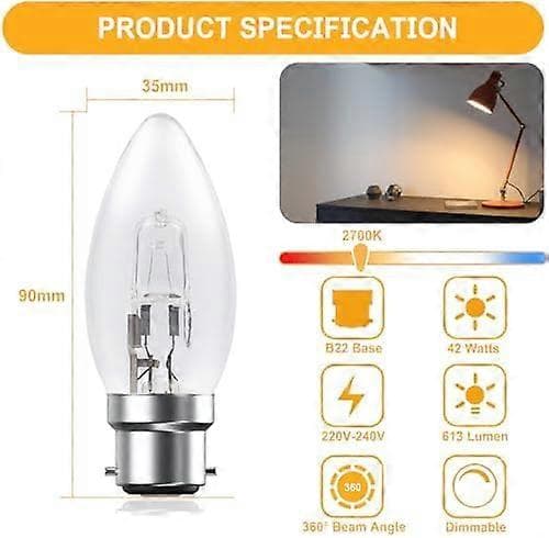 B22 Halogen Candle Bulbs 42W Dimmable, C35 Bayonet Cap Clear Bulb 2700K Warm White BC Candle Bulb for Chandelier, Wall Light, Table Lamp,