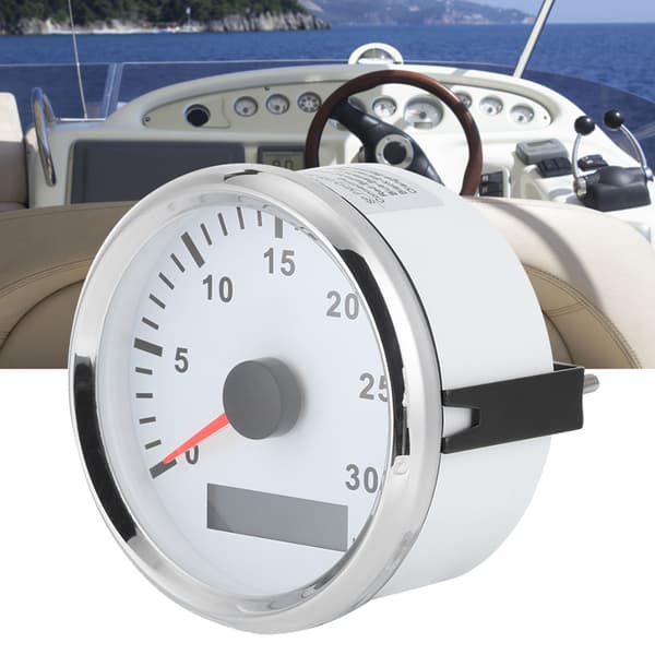 85mm / 3.3in Boat Tachometer Sensor IP67 Tacho Gauge 12V / 24V Red Light with LCD Display Service Hour Meter 3000 RPM Silver Frame White Dial