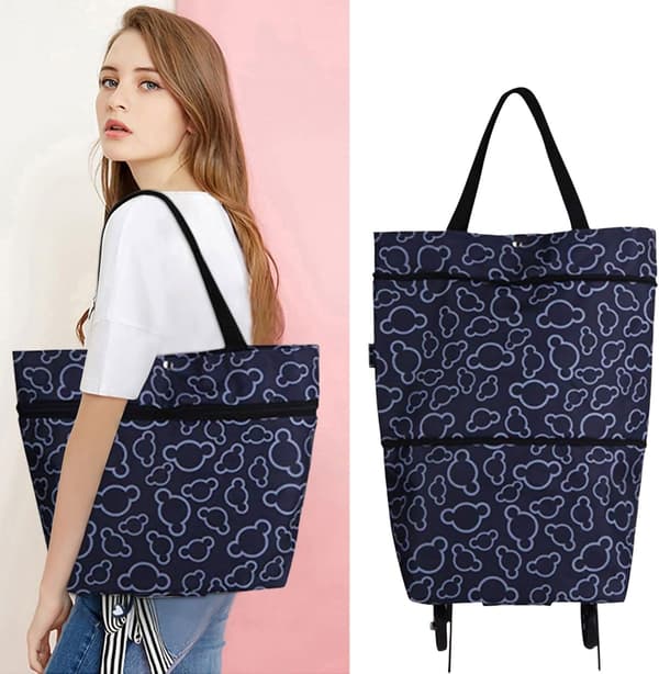 Foldbar Handlebag med Hjul, Vikbar Kvinnelig Gjenbrukbar Multifunksjonell Handlepose Reiseveske Stor Kapasitet