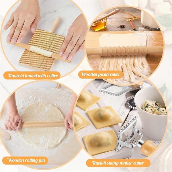 7 Pieces Pasta Making Tools, Wooden Gnocchi Board with Ravioli Stamp (FMY)