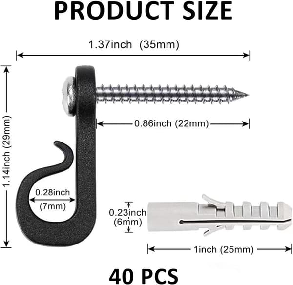 Screw Hooks for String Lights, 40 Pieces, Multifunctional Hanging Hooks with Screws