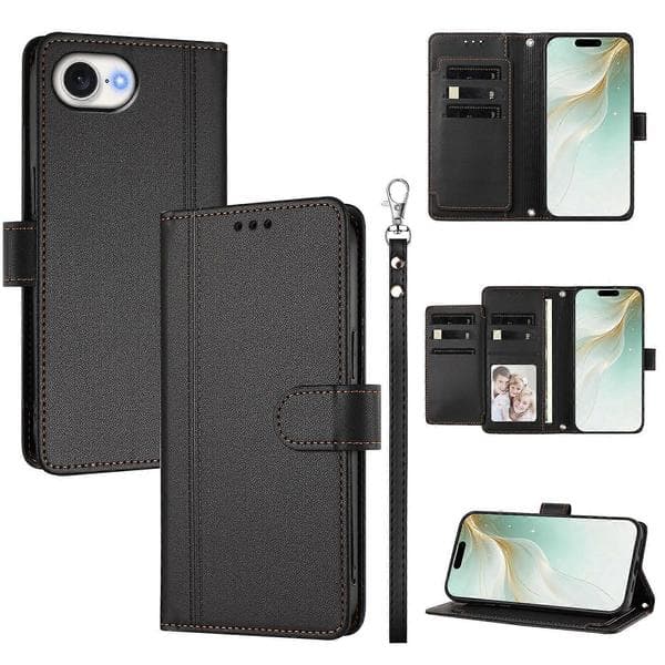 Kompatibel med iPhone 16e / iPhone 17e Etui 9 Kortpladser PU Læder Flip Pung Etui med Håndrem