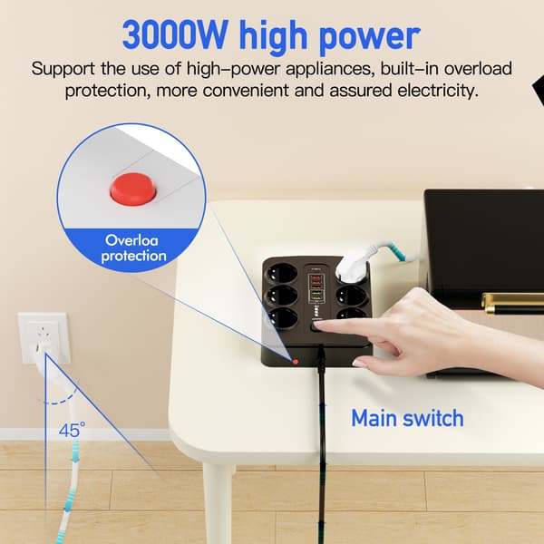 EU 6-vejs stikkontakt, 5 USB-porte, 1 USB-C-port Sort