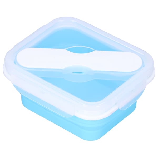 Silicone Insulated Box Portable Lunch Box with Integrated Fork Spoon for Office School Water Blue 600ML