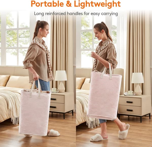 75L Foldable Laundry Hamper, Dirty Clothes Basket with Extended Handles - Pink