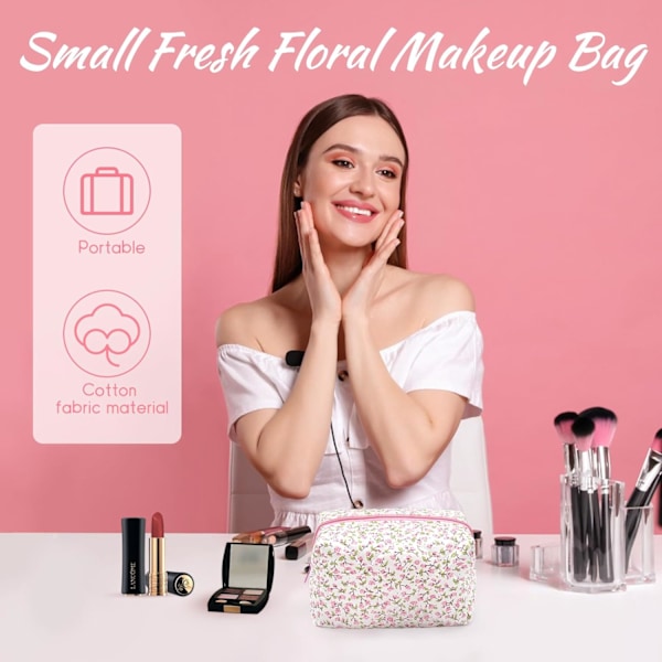 Lille makeup taske, bomuld bærbar toilet taske, quiltet blomstret kosmetik taske vaske organiseringspose til kvinder piger damer Pink