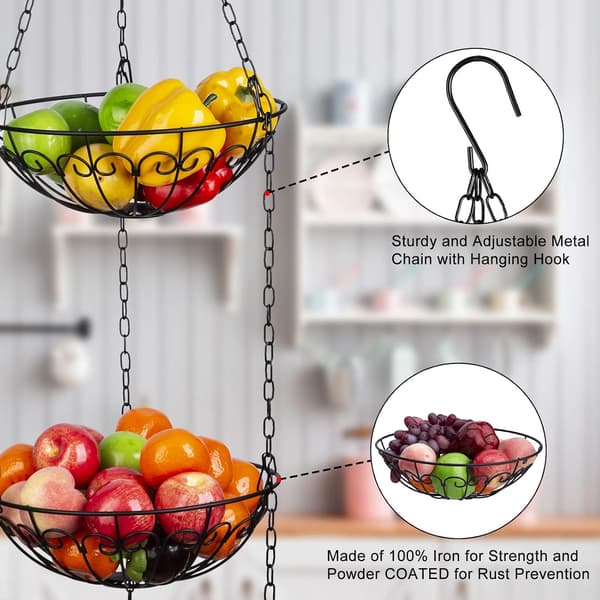 3-Tier Hanging Fruit Basket, Metal Vegetable Baskets Round Fruit Basket Storage Rack for Fruit Vegetable Bread, Black