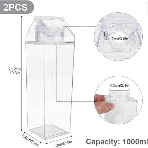Milk Carton Water Bottle, 2-Pack 1000ML Portable Square Cute Clear Water Bottle with Screw Cap, Drinking Bottle (1000ML)