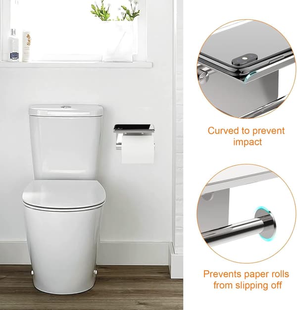 Selvklæbende toiletpapirholder uden låg med opbevaringshylde til mobiltelefon, rustfrit stål
