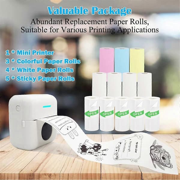 Mini Portable Printer, Inkless Sticker Printer with 12 Rolls of Paper, Mini Thermal Printer for Notes/Photos/Stickers, White