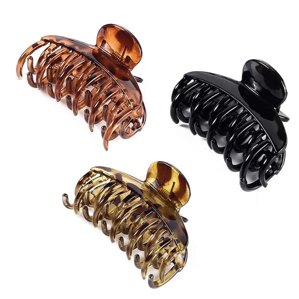 3-pack Hair Clips with Double Row Teeth, Durable Resin, Strong Grip for Thin, Medium, and Thick Hair, Black Tortoiseshell, 6.35 cm