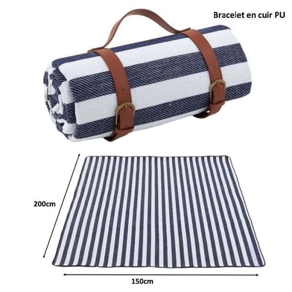 Beach Mat - Camping - 150 x 200 cm - Moisture Resistant - Leather Straps - Blue Stripes
