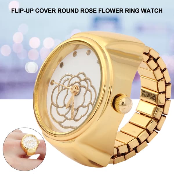 Fingerring Ur Rund Urskive Rose Blomstermønster Dame Finger Quartz Ur Guld