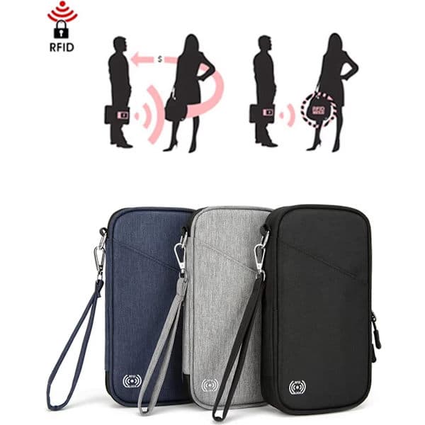 Passport Holder, Travel Wallet Case, Waterproof RFID Blocking Card Organizer with Hand Strap, Zipper, Shoulder Strap, Black
