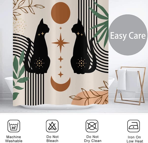 Boho Bruseforhæng 180x180, Abstrakt Sort Kat Blad Måne Stjerne Beige Badeværelsesgardin Moderne Terrakotta Kunst Æstetisk Vandtæt Polyester Fab