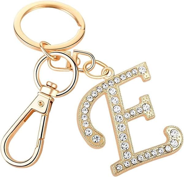 Gold Plated Alloy Keychain with Crystal Rhinestone Alphabet E E