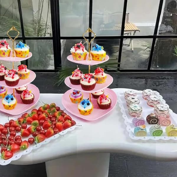 3-vånings Cupcake-ställ, Våningsfat, Bröllopsdessert Cupcake-ställ, Serveringsfat för godsaker, Våningsserveringsbricka, Tårthållare Rosa