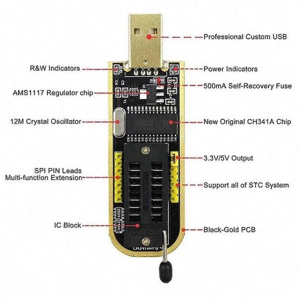 CH341A USB BIOS-programmerer for 24/25-seriens EEPROM med SOP-klemmeadapter