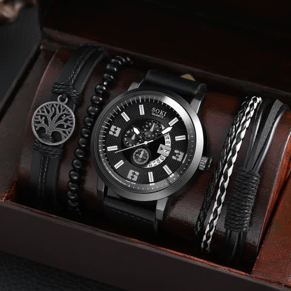 Herrklocka Set Presentförpackning Vävt Armband Mode Ihåliga Läder Quartz Klockor