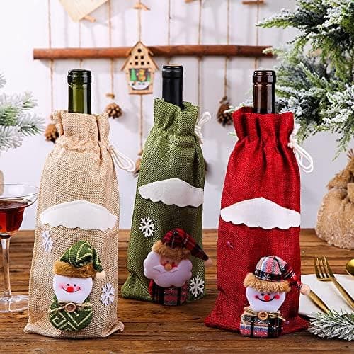 6-pack julvinsväskor med dragsko, återanvändbara julväskor i säckväv för vin, jultomte, ren, snögubbe