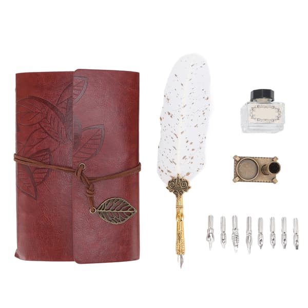 Quill Pen Notebook Set Classic Loose Leaf Paper Quill Pen Notebook Gift with 8 Replaceable Nibs for Elders Teachers White Dots