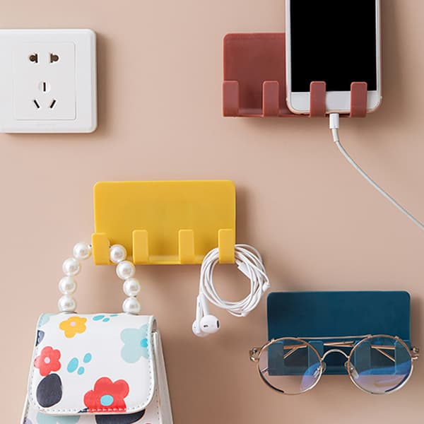 4 elegant wall-mounted mobile phone charging stands with 4 hooks, wall mount, storage rack
