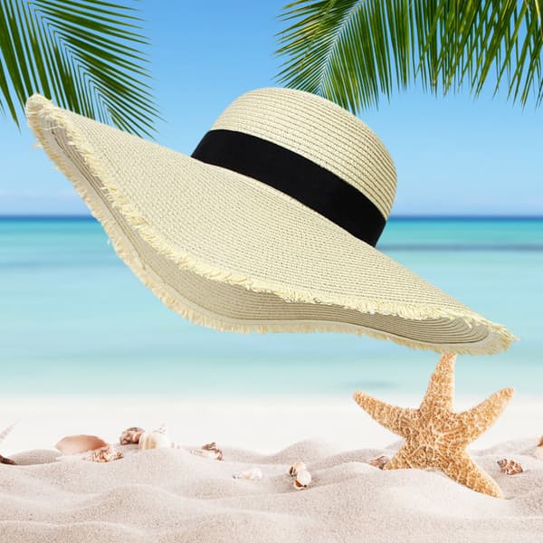 Dam Solhatt i Halm Boho Stor Brätte Trasig Strandhatt Vår Sommar Utomhus