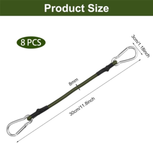Spændestropper med karabinhage, 4-pak 30cm, grøn, elastisk til bagage & camping