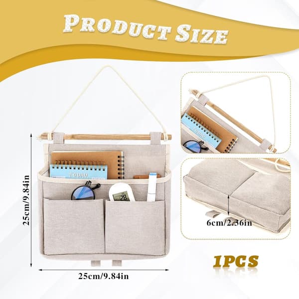 Wall-mounted storage bag, 3 compartments with hooks, off-white, for home and office