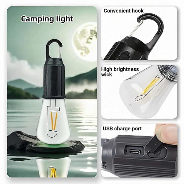 Bærbar LED-campinglampe, krok til å henge hvor som helst | USB-C oppladbar | 3 lysstyrkemoduser