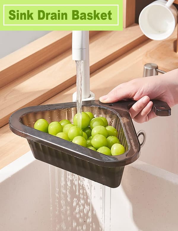 Sink Drain Basket with Strainer, Triangular Sink Drain Basket, Sink Food Drain Basket with Retractable Clips (Black)