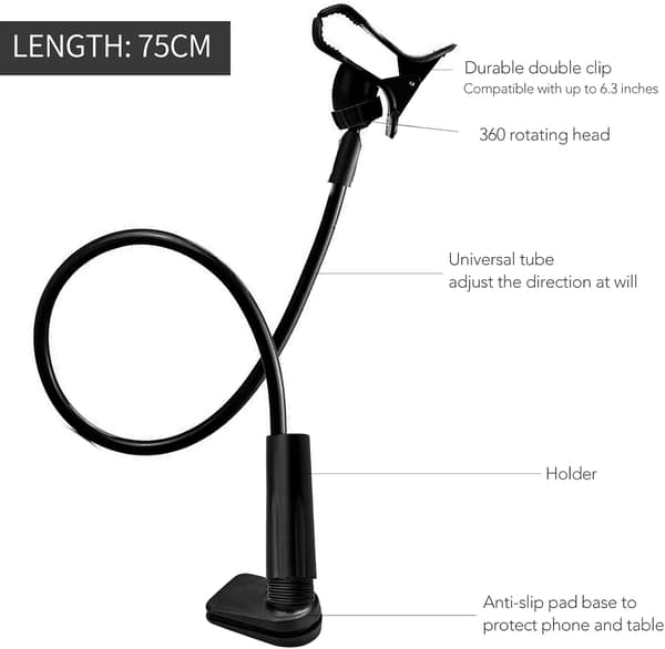 Svanehals Telefonholder, Sammenklappelig Tablet- og Smartphoneholder - 360° Fleksibel Arm, Samlet Længde 75cm