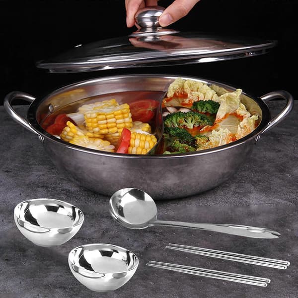 Double-Sided Hot Pot Mandarin Duck Pot for Home Kitchen Cooking Camping 28cm