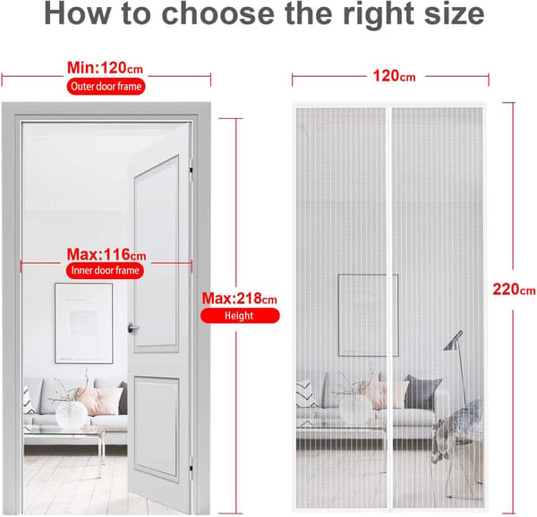 120x220 cm Magnetic Screen Door Curtain Superfine Mesh Magnetic Screen Mosquito Net Includes Adhesive Strap White