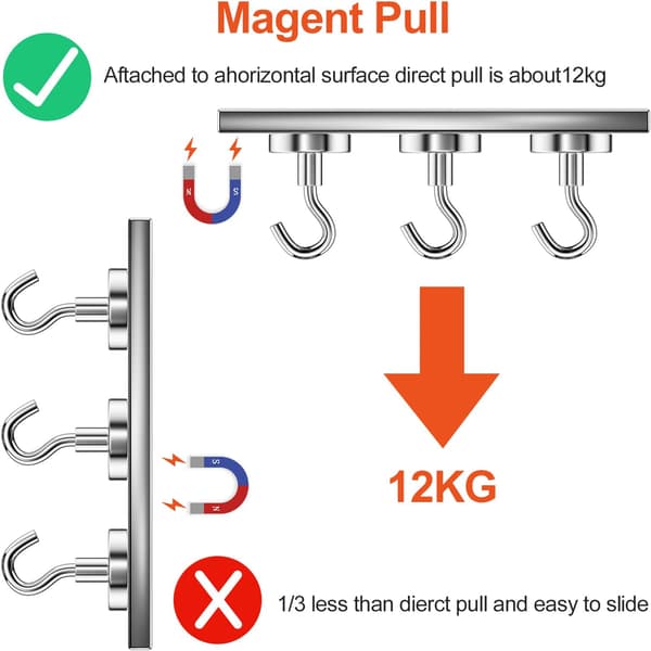 Strong Magnetic Hooks 20mm 12kg Load Capacity Removable Neodymium Round Kitchen Grill Refrigerator Stainless Steel Small 6-Pack