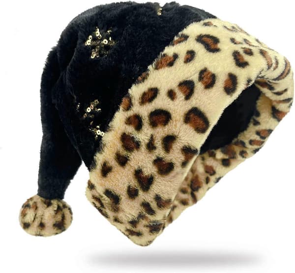 Sort julemandshat leopardmønster julemandshat pailletter plys jul