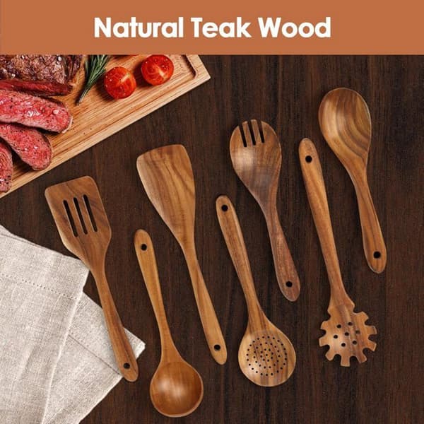 Teak Kitchen Utensils, 7 Spoons, Heat-Resistant Spoon Set, Suitable for Non-Stick Pans.