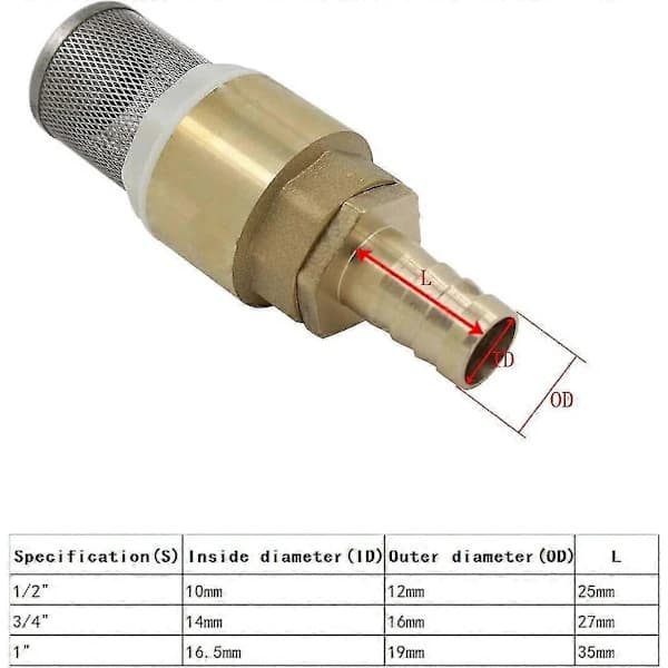 Brass Foot Valve with Strainer and Hose Connection for Water Pump Intake, Gold, 1/2 Inch Thread 12mm Hose Fitting