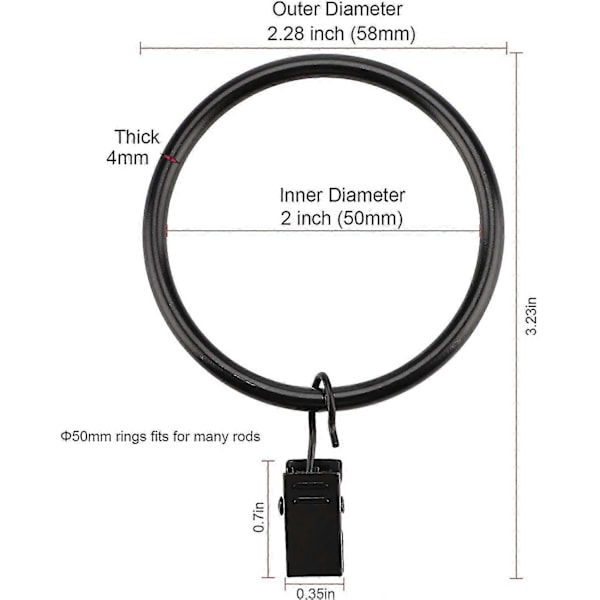 Gardinklämmor med Ringar 50mm, Sæt med 16 - Rustfrit Mat Stål