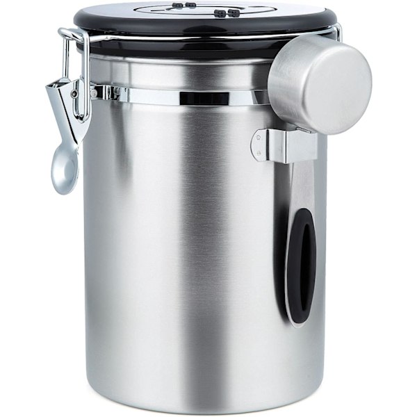 Förseglad kaffeburk - Kaffebönburk med CO2-ventil - med mätsked - 1,8 L (silver)