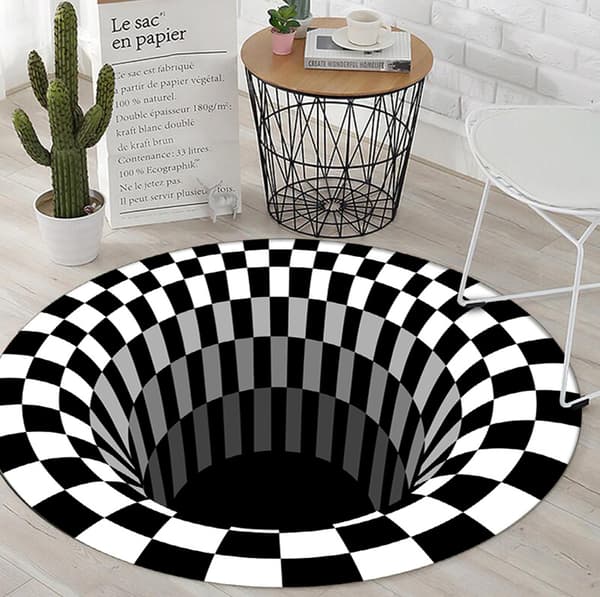 3D Rundt Tæppe Sort Hvid Illusion Tæppe, skridsikker dørmåtte til boligindretning Tæppe (60cm)