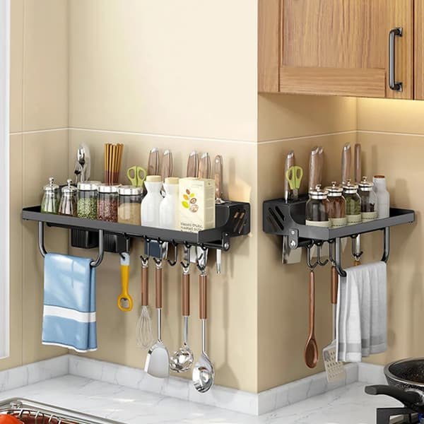 Spice Rack Wall, 50 cm Wall Mounted Kitchen Shelf with 8 Hooks, Hanging Kitchen Holder No Drilling for Kitchen, Bathroom