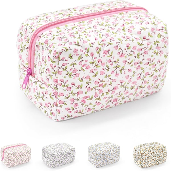 Lille makeup taske, bomuld bærbar toilet taske, quiltet blomstret kosmetik taske vaske organiseringspose til kvinder piger damer Pink