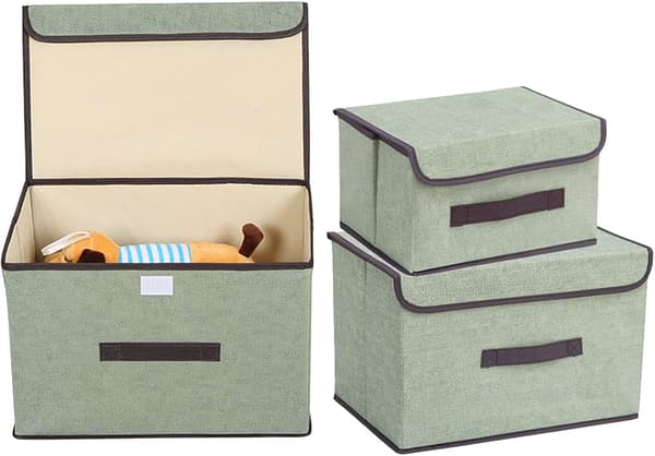 Storage Boxes with Lids 2 pcs Fabric Storage Box with Lid, Stylish, Easy Assembly (Green)
